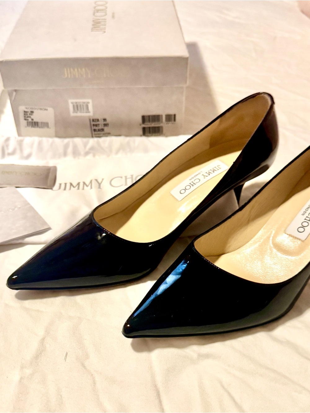 Jimmy Choo Black Patent Pointed Toe Pumps — Classic Glossy Finish